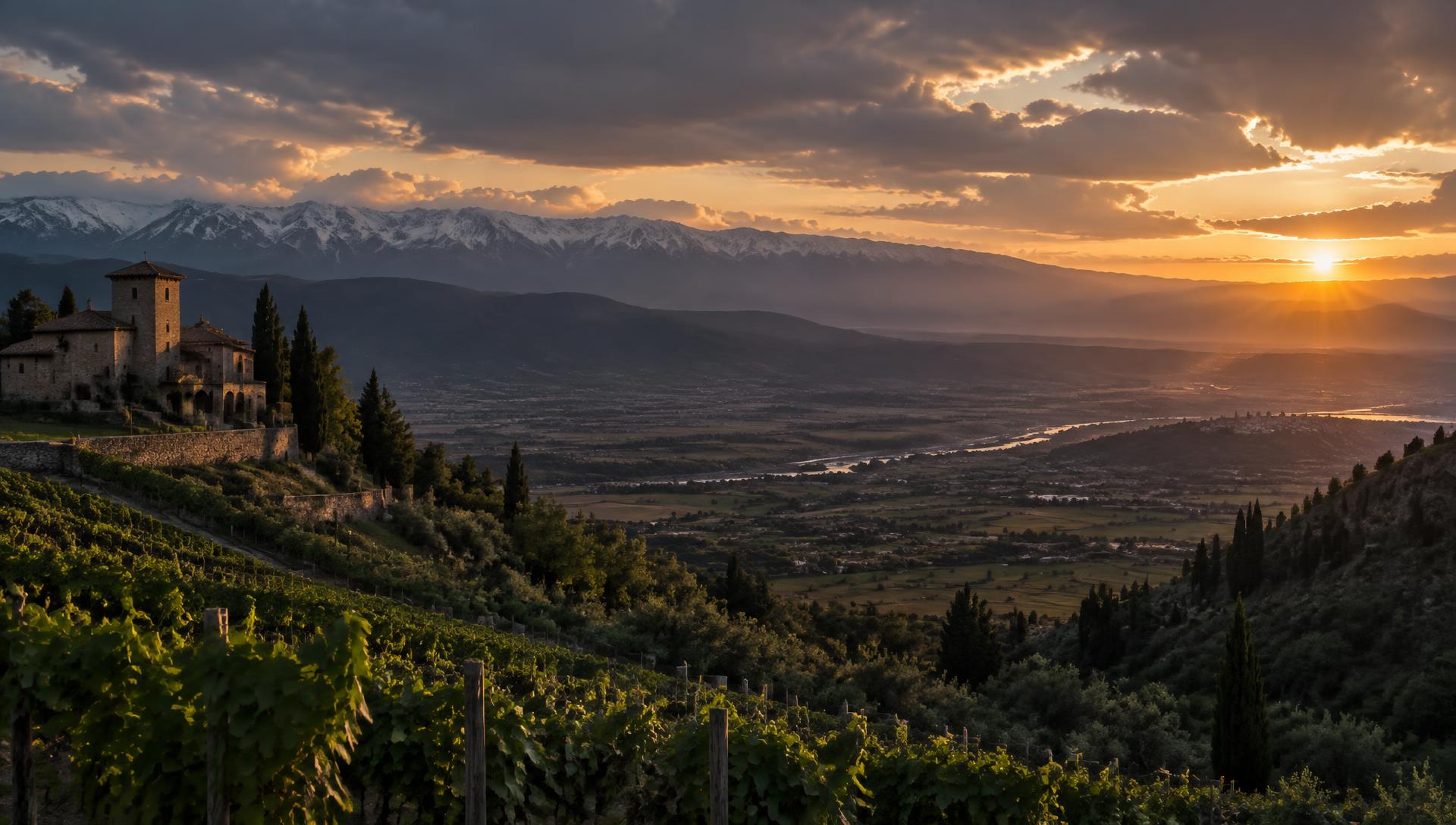 Georgische Weinberge und Kaukasus im Abendlicht